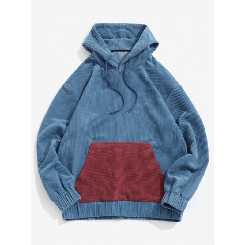 Colorblock Patchwork Pocket Corduroy Hoodie