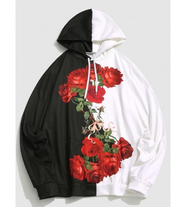 Color Block Two Tone Rose Flowers Print Streetwear Drawstring Hoodie