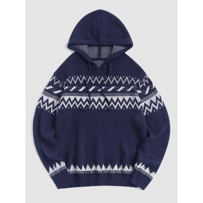 Hooded Tribal Jacquard Ethnic Aztec Printed Sweater