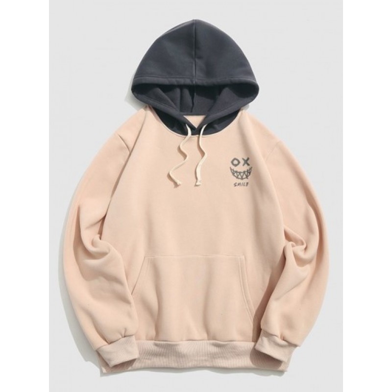 Streetwear Cartoon Face Print Colorblock Fleece Hoodie
