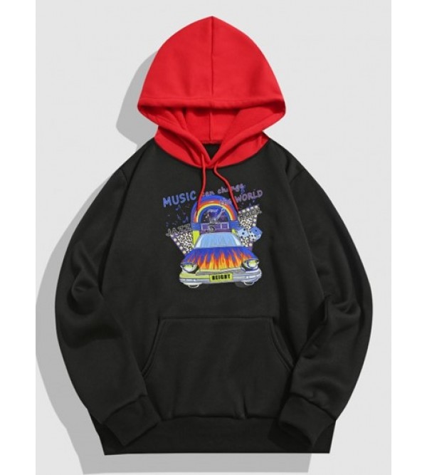 Streetwear Music Car Graphic Fleece-lined Colorblock Hoodie