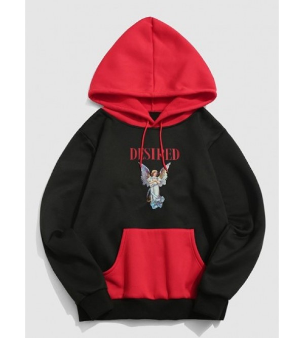 Streetwear Desired Angel Print Fleece-lined Colorblock Vintage Hoodie