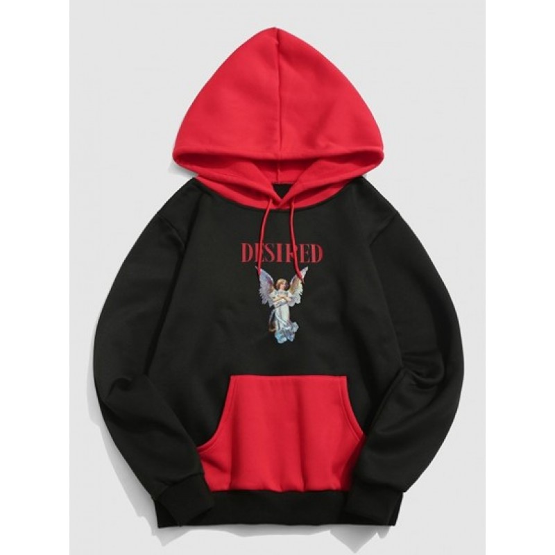 Streetwear Desired Angel Print Fleece-lined Colorblock Vintage Hoodie