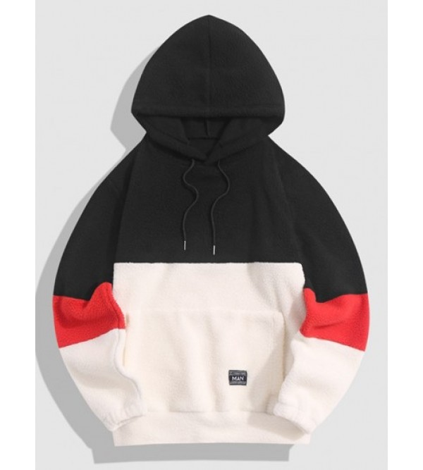 Streetwear Colorblock Patch Polar Faux Fur Fleece Hoodie