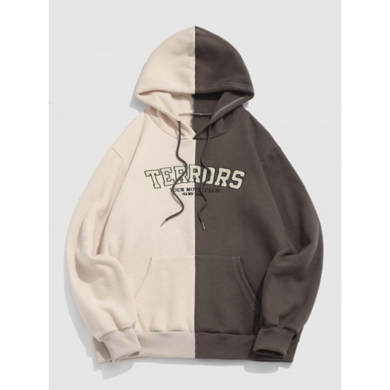 Streetwear Letters Embroidered Color Block Two Tone Fleece Hoodie