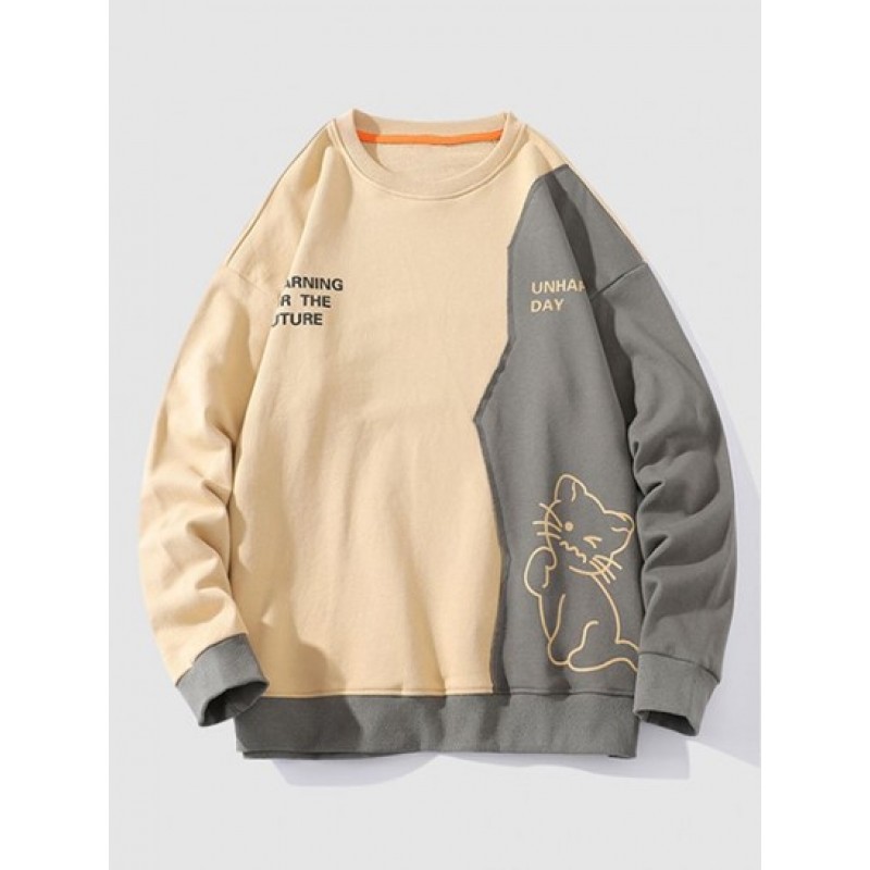 Colorblock Patchwork Cute Cat Slogan Sweatshirt