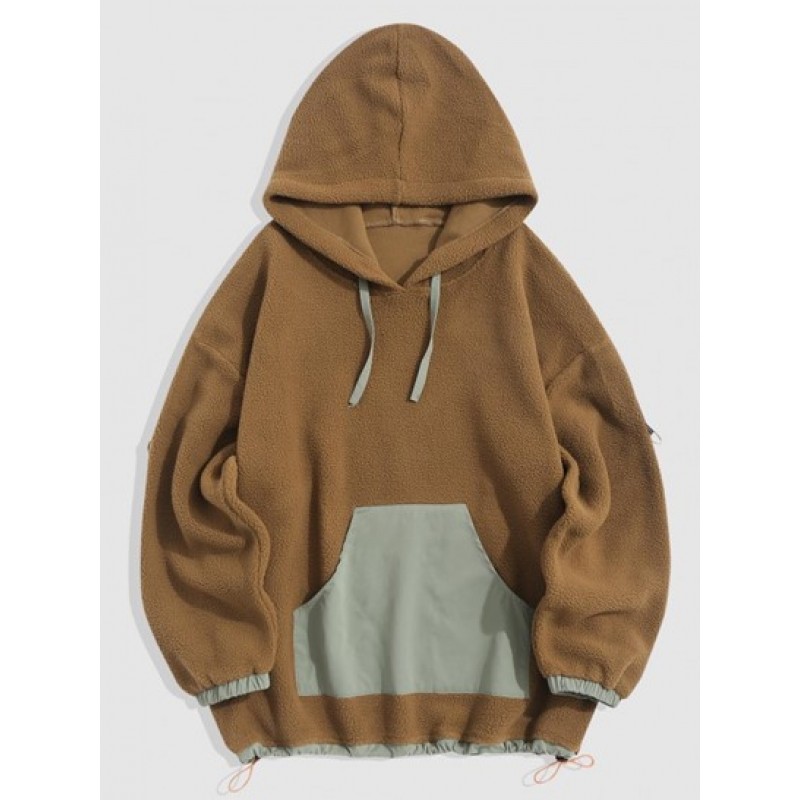 Oversized Colorblock Toggle Drawstring Fleece Faux Shearling Fluffy Hoodie