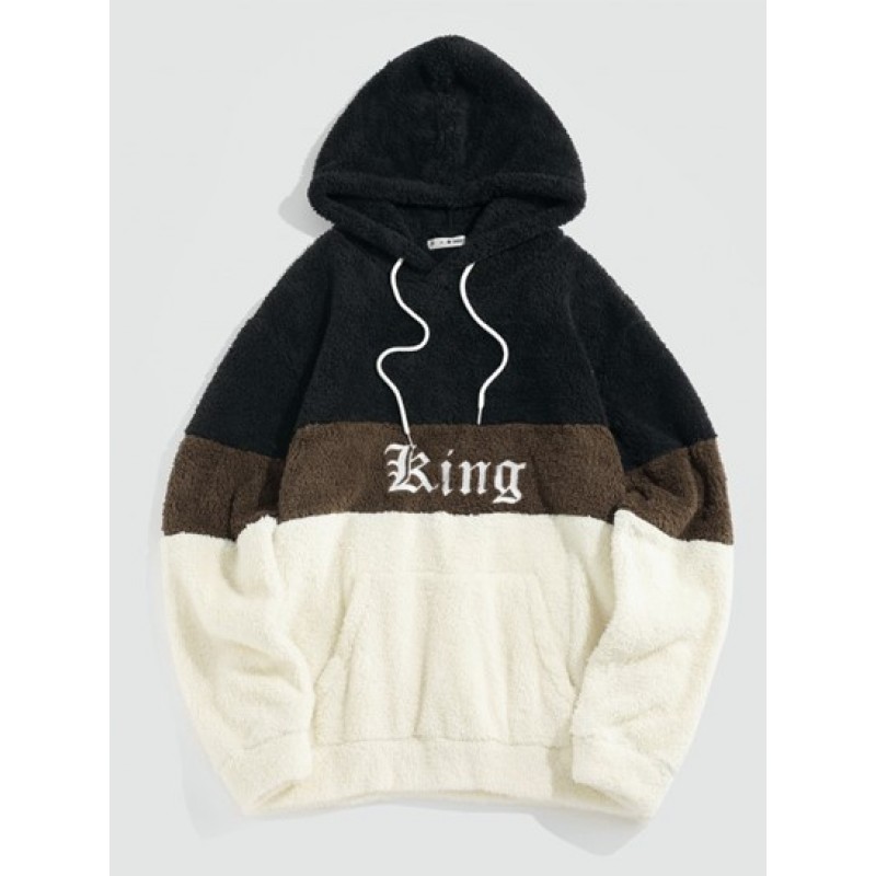 King Embroidered Colorblock Fluffy Hoodie