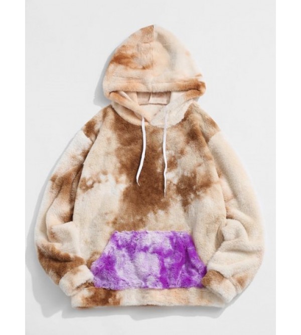 Contrast Tie Dye Pattern Fleece Faux Fur Fluffy Hoodie