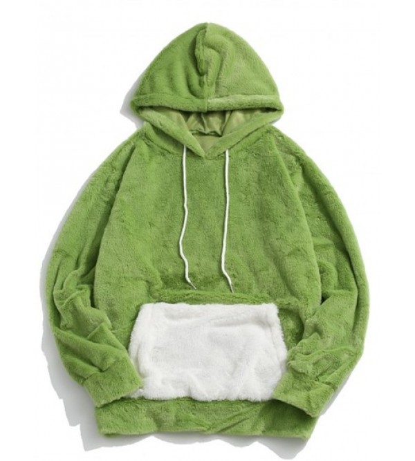 Contrast Kangaroo Pocket Fluffy Faux Fur Hoodie