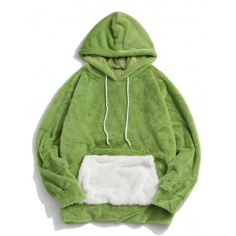 Contrast Kangaroo Pocket Fluffy Faux Fur Hoodie