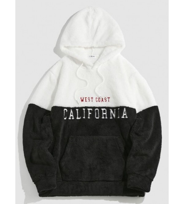 Letters Embroidered Two Tone Fluffy Hoodie