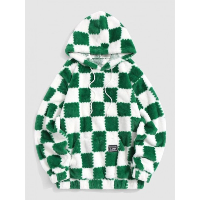 Checkered Pattern Fluffy Hoodie