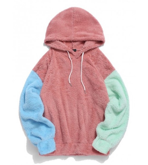 Color-blocking Splicing Fuzzy Fleece Pullover Hoodie