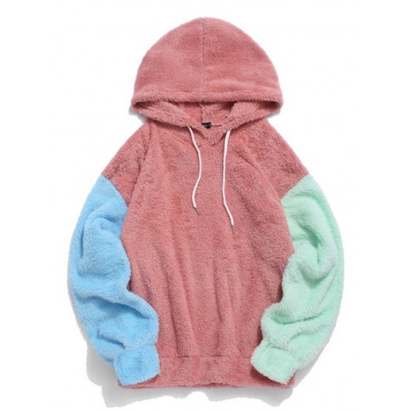 Color-blocking Splicing Fuzzy Fleece Pullover Hoodie