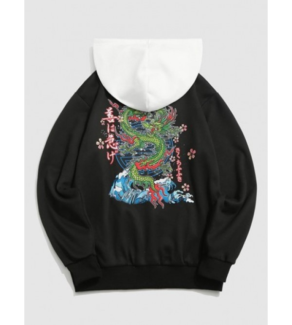 Sea Waves Dragon Floral Print Fleece-lined Colorblock Streetwear Graphic Hoodie