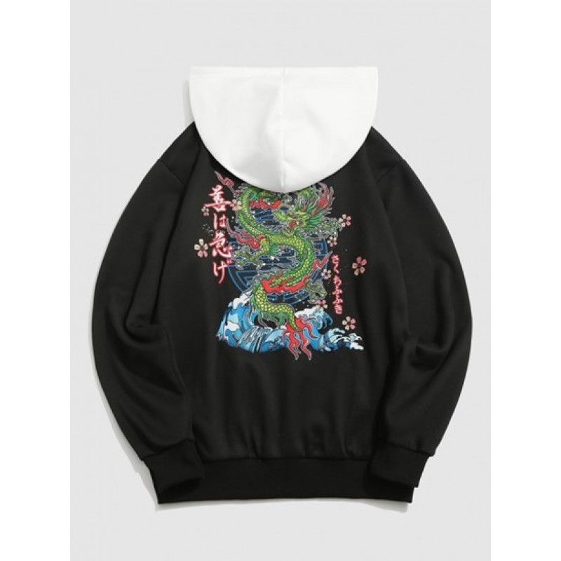 Sea Waves Dragon Floral Print Fleece-lined Colorblock Streetwear Graphic Hoodie