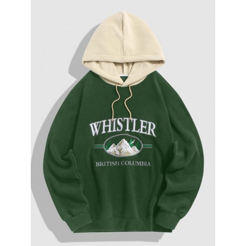 Streetwear Colorblock Letter Mountain Embroidery Polar Fleece Vintage Hoodie