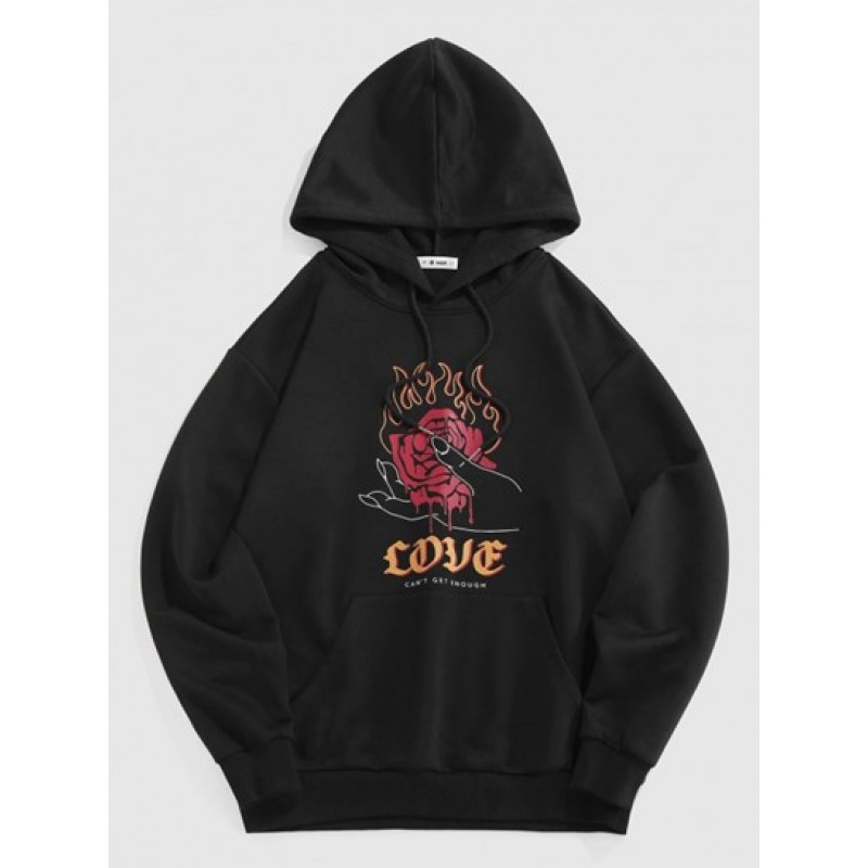 Streetwear Flower Rose Flame Hand Print Graphic Hoodie