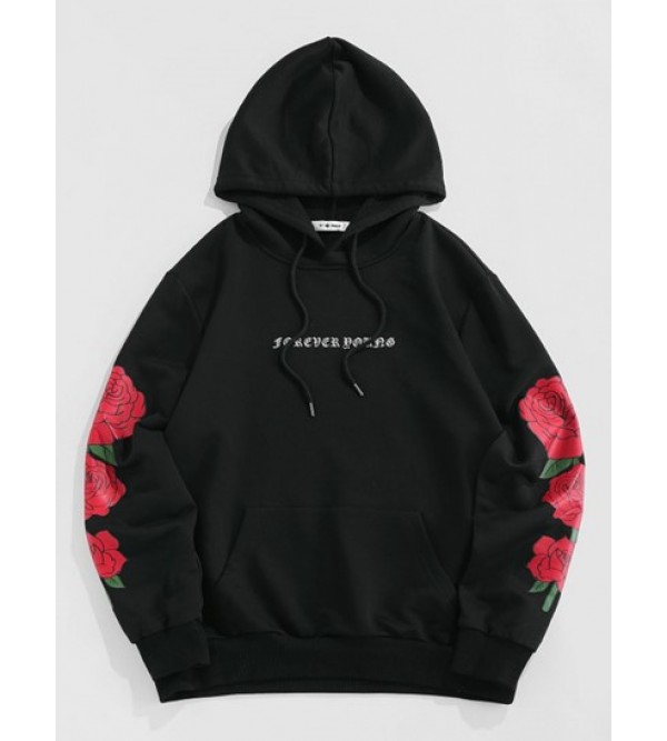 Flowers Letters Print Kangaroo Pocket Hoodie