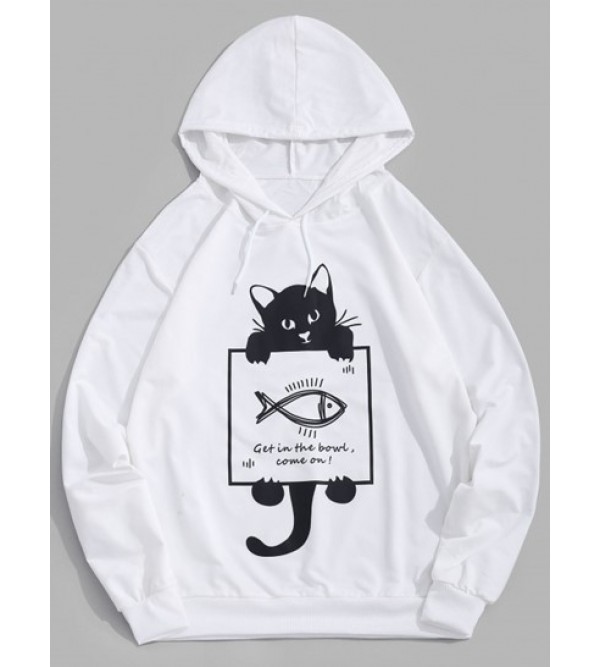 Cartoon Cat Fish Print Graphic Hoodie