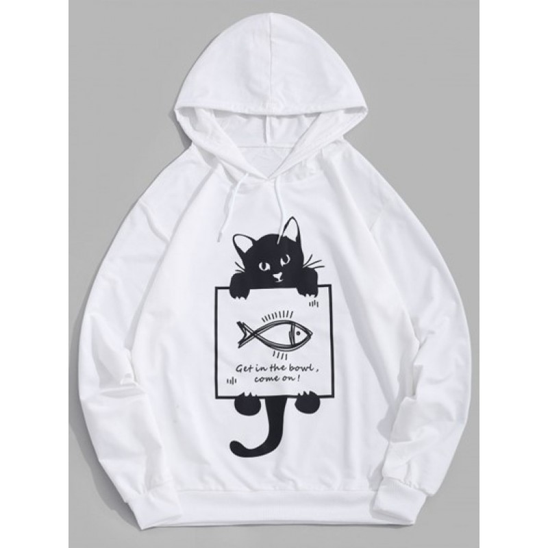 Cartoon Cat Fish Print Graphic Hoodie