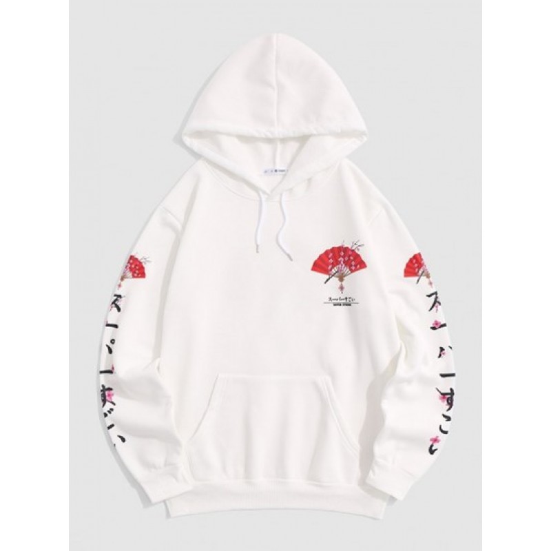 Fleece-lined Japanese Fan Sakura Graphic Hoodie