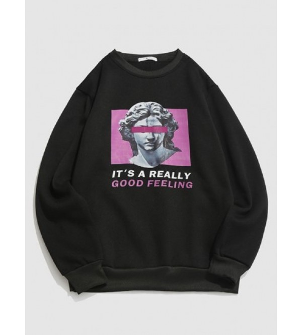 Streetwear Character Letters Print Renaissance Art Fleece Sweatshirt