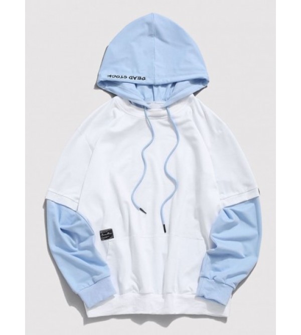 Contrast Faux Twinset Letter Embroidery Drawstring Hoodie