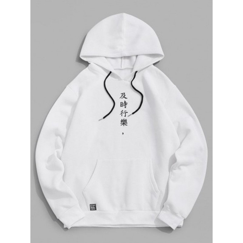 Chinese Character Print Flocking Drawstring Essentials Hoodie