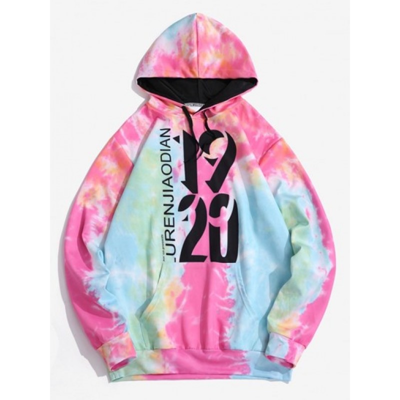 Tie Dye Letter Print Kangaroo Pocket Graphic Hoodie