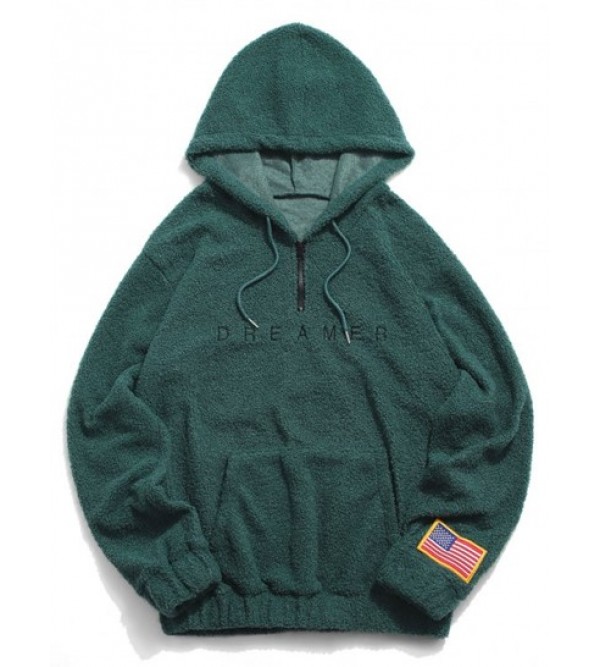 Quarter Zip Dreamer Embroidery American Flag Patch Fleece Teddy Hoodie