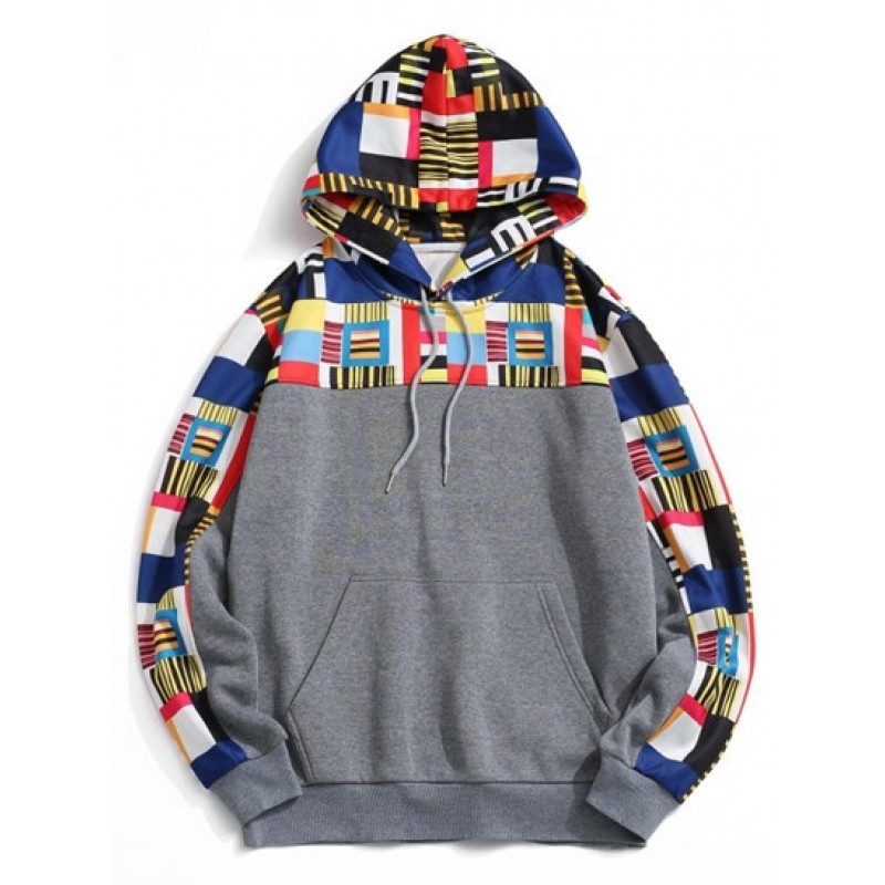 Geometric Pattern Front Pocket Fleece Hoodie