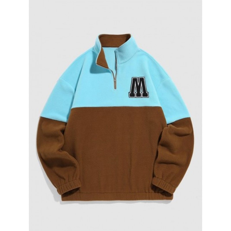 Quarter Zip Two Tone Color Letter Embroidered Polar Fleece Sweatshirt