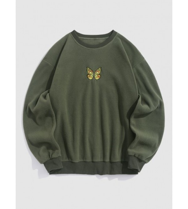 Butterfly Embroidery Fuzzy Polar Fleece Sweatshirt