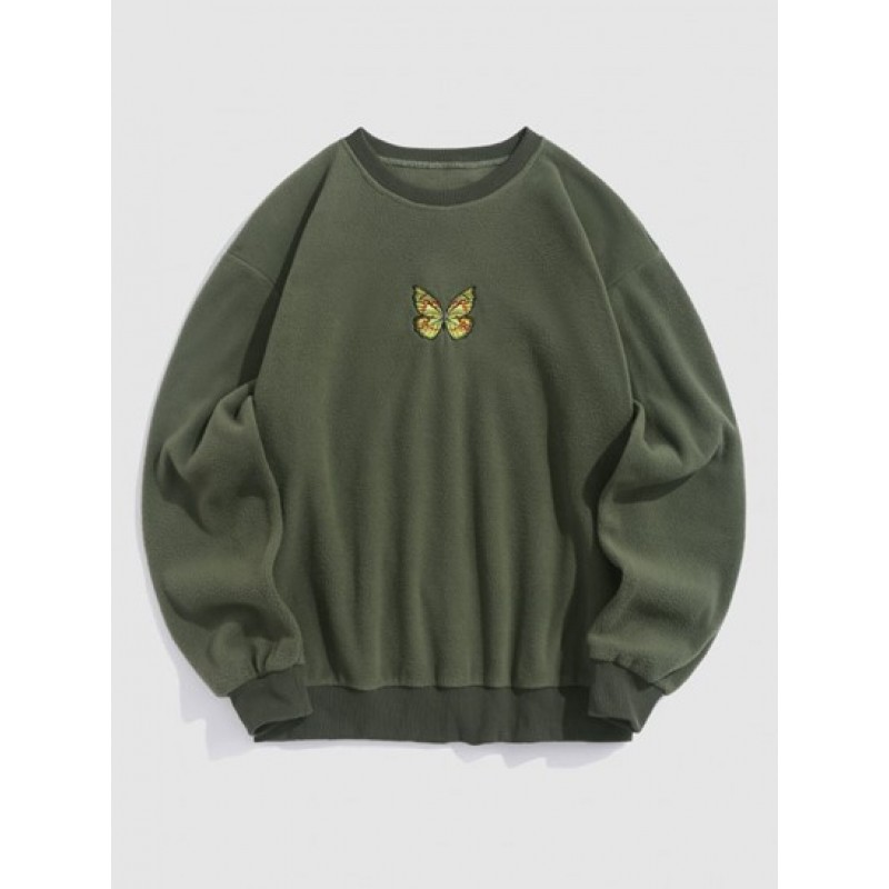 Butterfly Embroidery Fuzzy Polar Fleece Sweatshirt