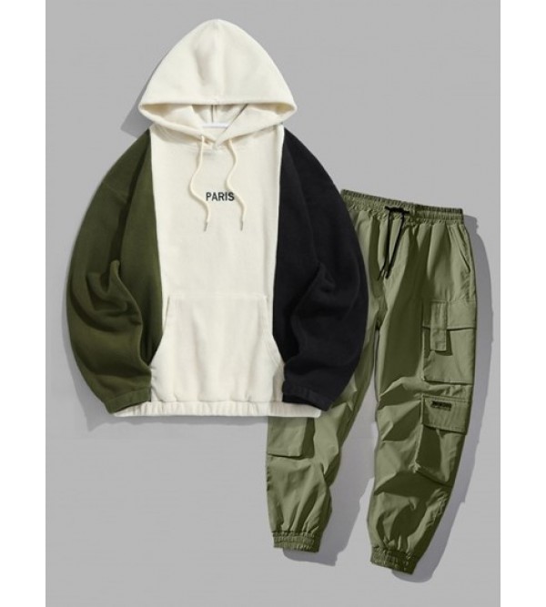 PARIS Embroidered Colorblock Fuzzy Fleece Hoodie With Drawstring Cargo Jogger Techwear Pants Set