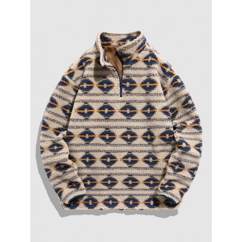 Fuzzy Faux Shearling Quarter Zip Ethnic Tribal Print Sweatshirt
