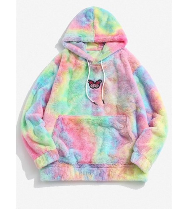 Tie Dye Pattern Butterfly Embroidered Fluffy Fleece Hoodie