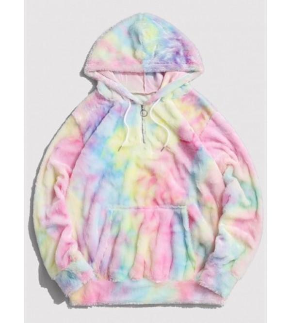 Tie Dye Faux Fur Half Zipper Fluffy Hoodie