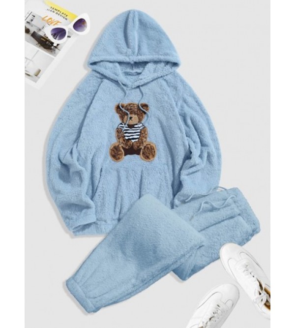 Bear Pattern Pullover Fluffy Teddy Hoodie And Beam Feet Pants Faux Fur Set