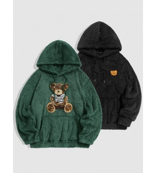 2Pcs Bear Terry Embroidered Pullover Fluffy Faux Fur Teddy Hoodies