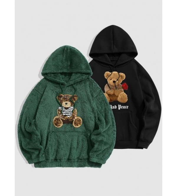 2Pcs Bear Terry Embroidered Fluffy Teddy Rose Graphic Pattern Fleece-lined Hoodie