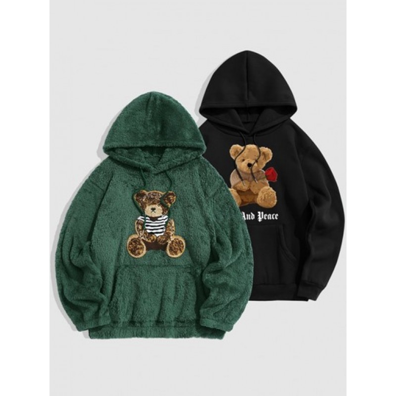 2Pcs Bear Terry Embroidered Fluffy Teddy Rose Graphic Pattern Fleece-lined Hoodie