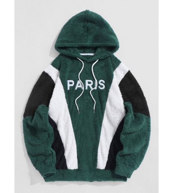 PARIS Embroidered Fuzzy Pullover Faux Fur Hoodie