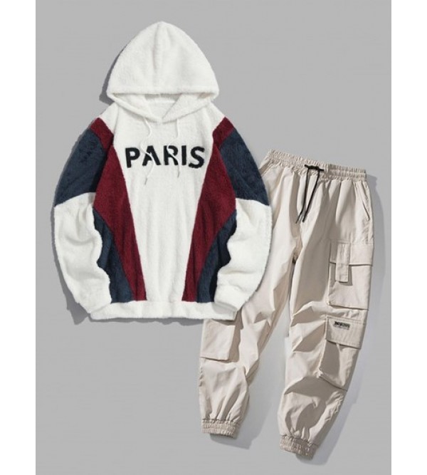 PARIS Embroidered Fuzzy Pullover Hoodie And Cargo Jogger Techwear Pants Set