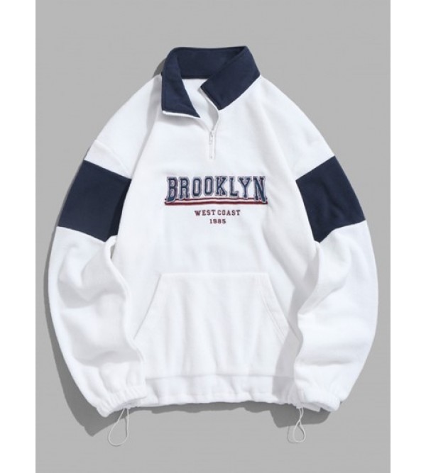 Quarter Zip Colorblock BROOKLYN WEST COAST Embroidery Polar Fleece Thermal Lined Pullover Sweatshirt