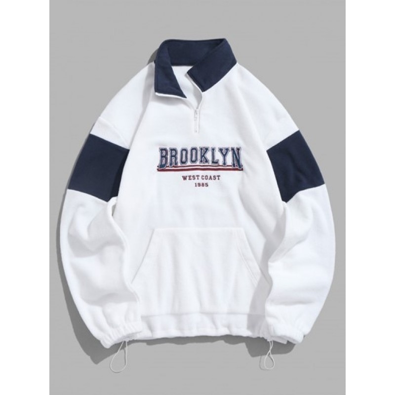 Quarter Zip Colorblock BROOKLYN WEST COAST Embroidery Polar Fleece Thermal Lined Pullover Sweatshirt