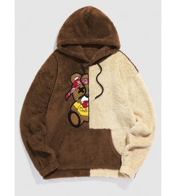 Two Tone Colorblock Faux Fur Fuzzy Cartoon Bear Terry Embroidered Pullover Hoodie