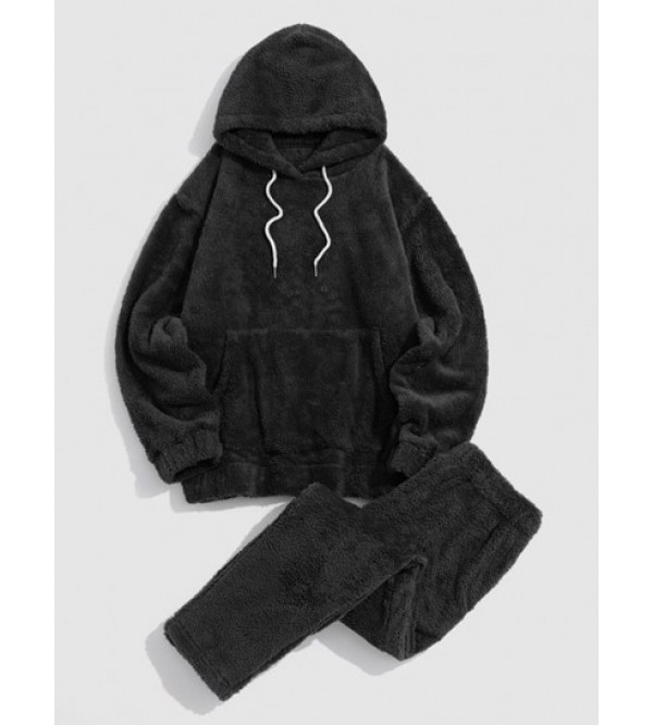 Solid Front Pocket Fluffy Fleece Hoodie And Pants Two Piece Set